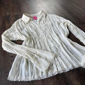 Cream Pintuck Lace Button Up Blouse Romantic Vintage Style Top Size Large